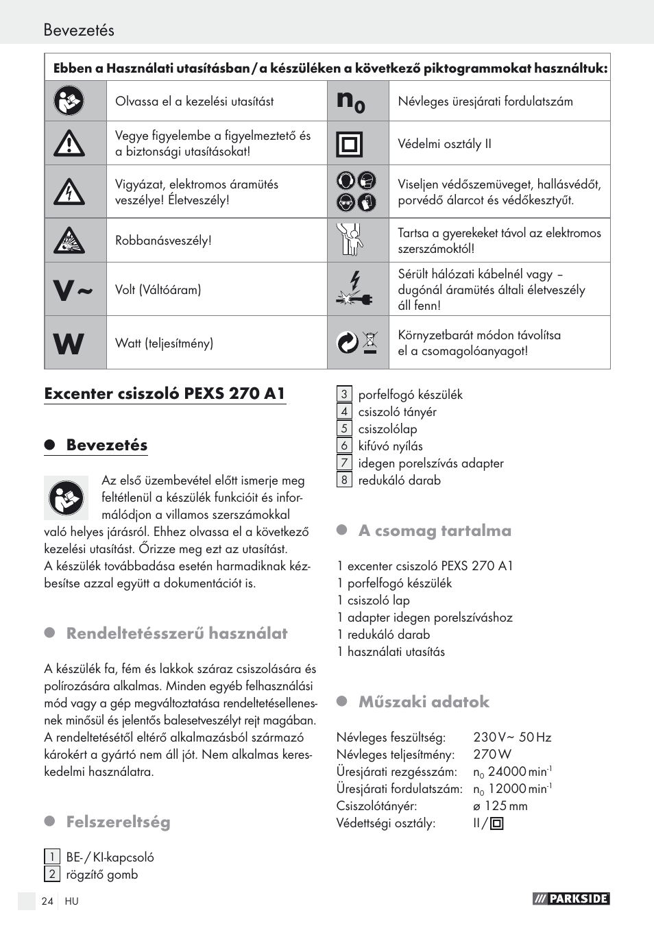 Excenter csiszoló pexs 270 a1, Bevezetés, Rendeltetésszerű használat | Felszereltség, A csomag tartalma, Műszaki adatok | Parkside PEXS 270 A1 User Manual | Page 24 / 68