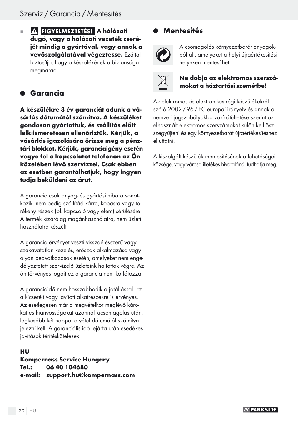 Szerviz / garancia / mentesítés, Garancia, Mentesítés | Parkside PEXS 270 A1 User Manual | Page 30 / 68