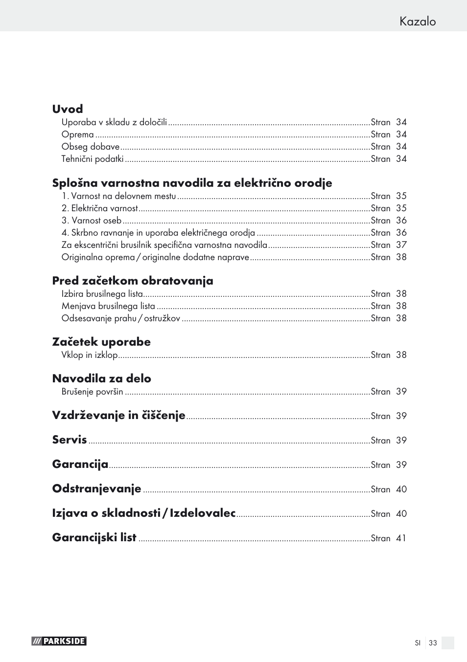 Kazalo | Parkside PEXS 270 A1 User Manual | Page 33 / 68