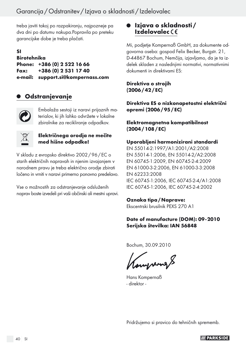 Odstranjevanje, Izjava o skladnosti / izdelovalec | Parkside PEXS 270 A1 User Manual | Page 40 / 68