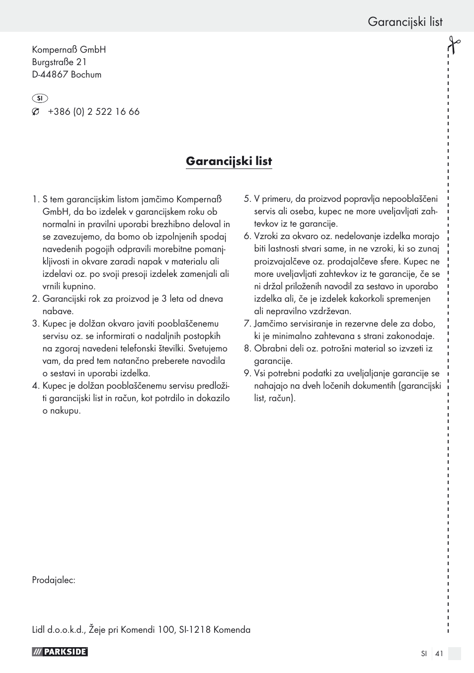 Garancijski list | Parkside PEXS 270 A1 User Manual | Page 41 / 68