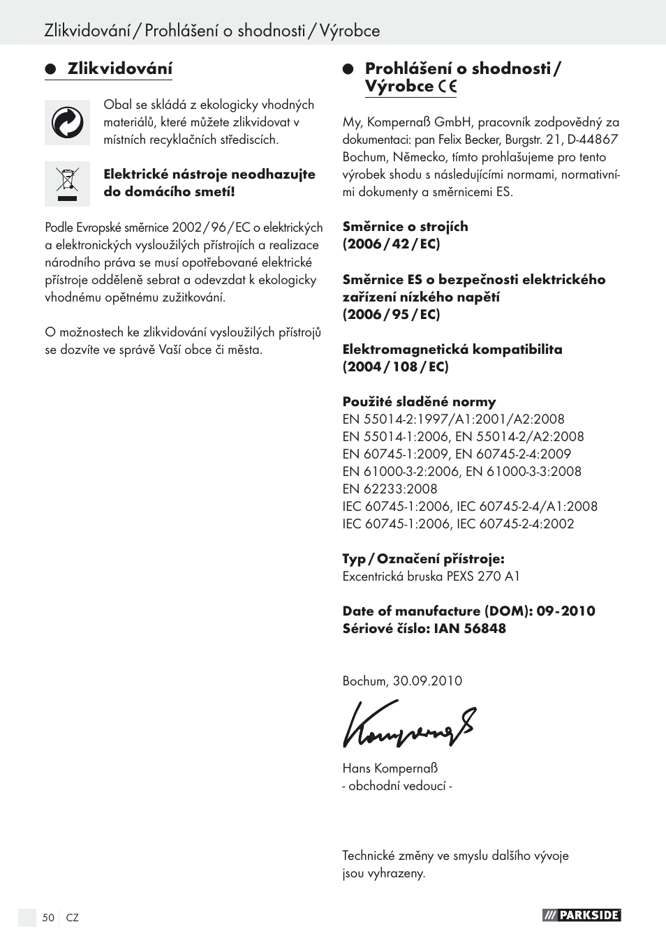 Zlikvidování / prohlášení o shodnosti / výrobce, Zlikvidování, Prohlášení o shodnosti / výrobce | Parkside PEXS 270 A1 User Manual | Page 50 / 68