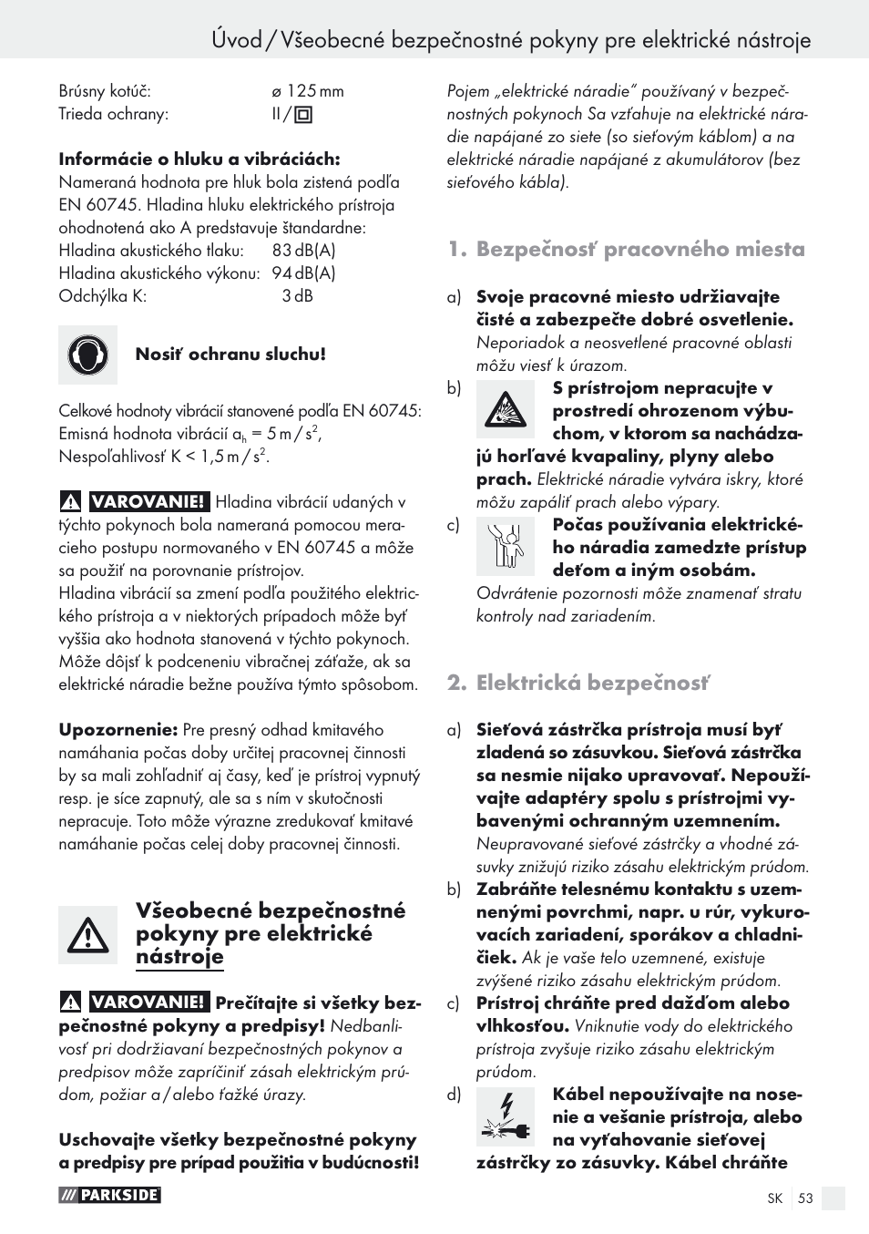 Bezpečnosť pracovného miesta, Elektrická bezpečnosť | Parkside PEXS 270 A1 User Manual | Page 53 / 68