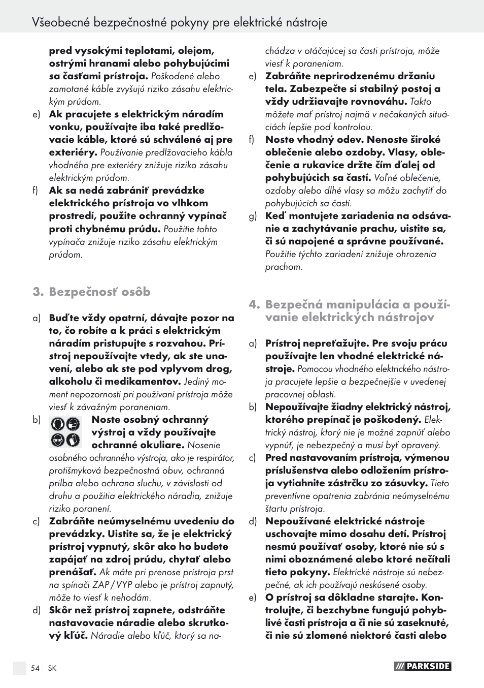 Bezpečnosť osôb | Parkside PEXS 270 A1 User Manual | Page 54 / 68