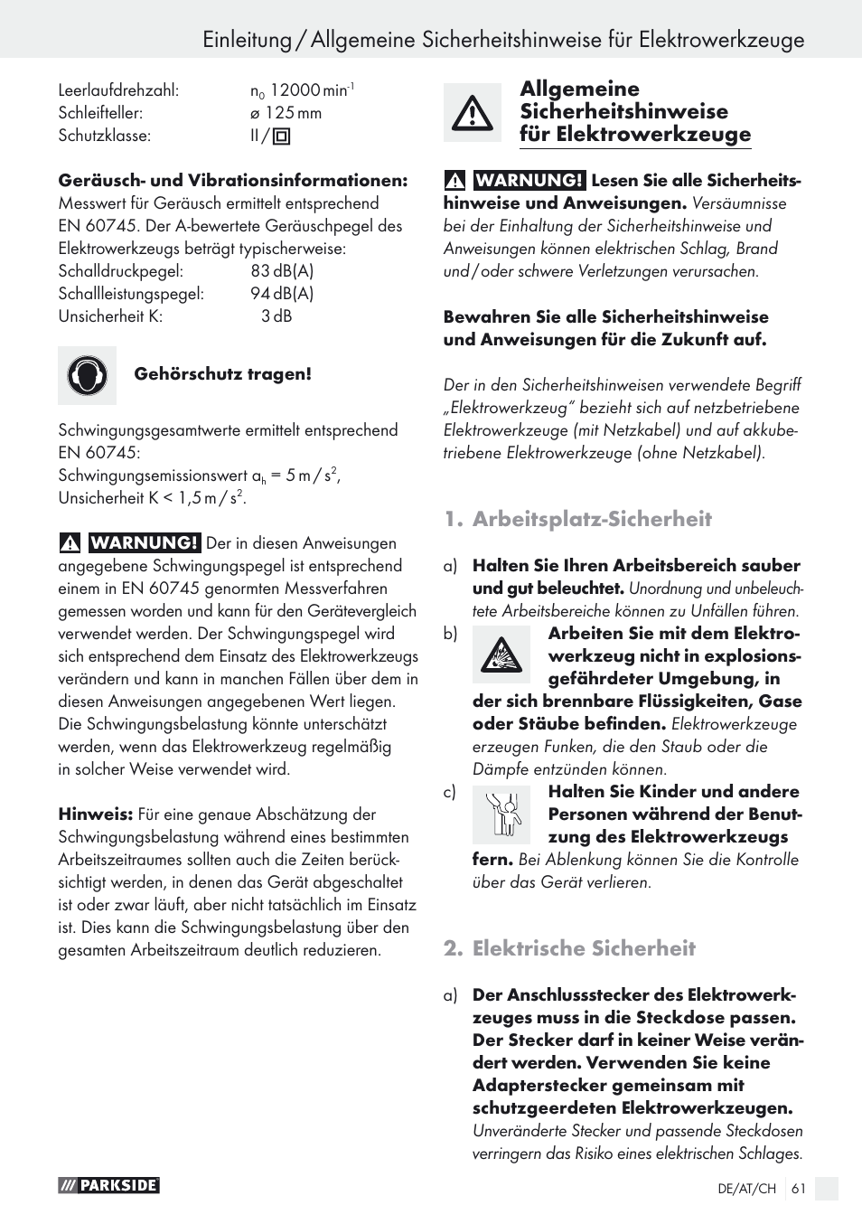 Arbeitsplatz-sicherheit, Elektrische sicherheit | Parkside PEXS 270 A1 User Manual | Page 61 / 68