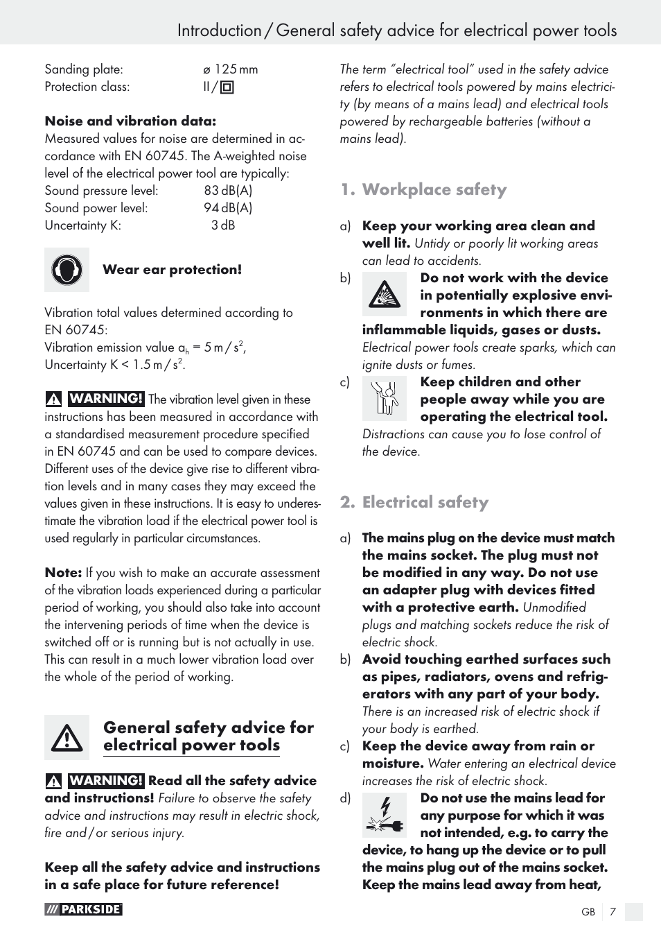General safety advice for electrical power tools, Workplace safety, Electrical safety | Parkside PEXS 270 A1 User Manual | Page 7 / 68