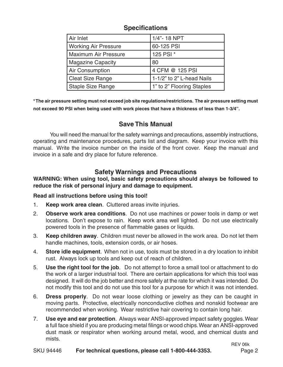 Harbor Freight Tools Model 94446 User Manual | Page 2 / 11