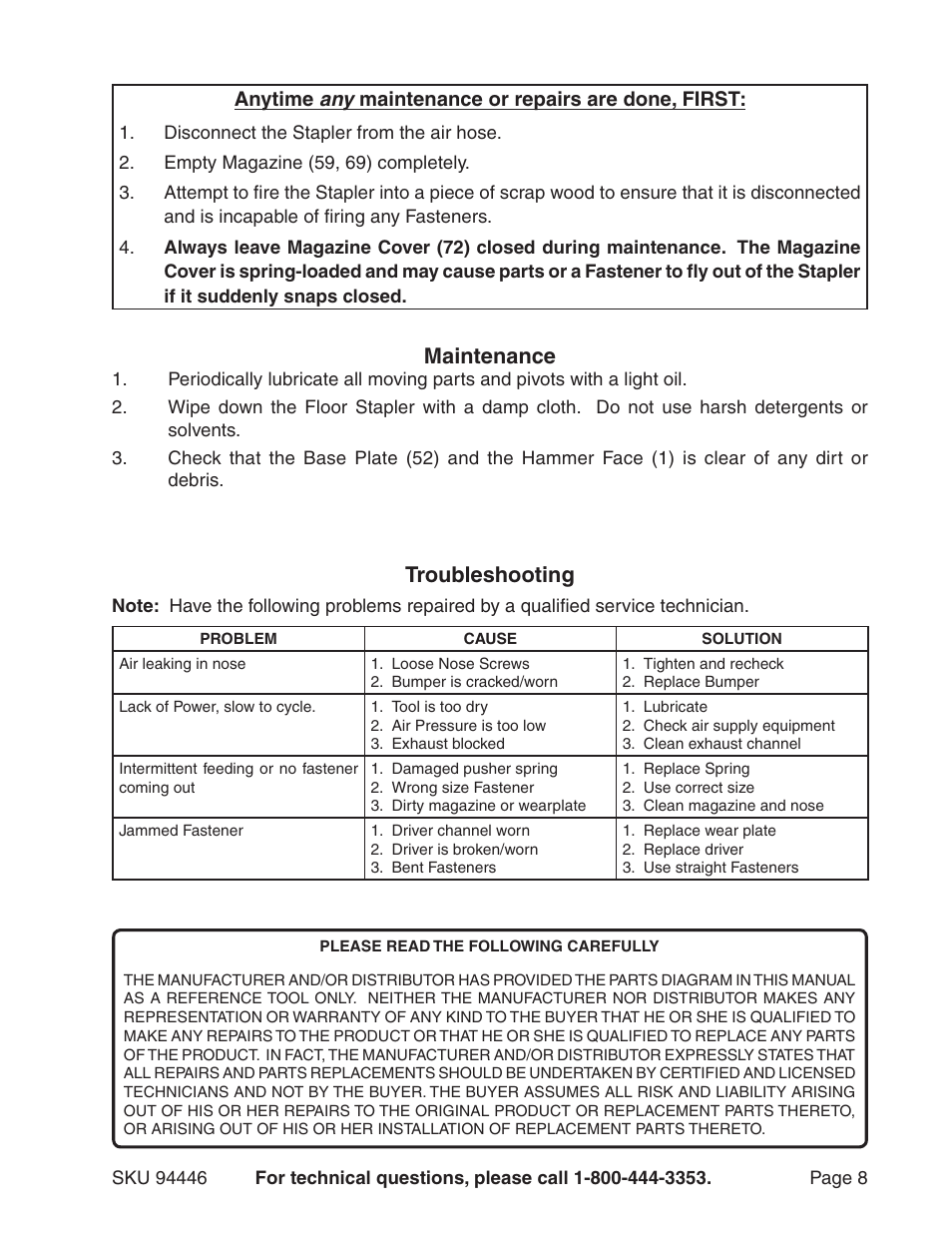 Troubleshooting, Maintenance, Anytime any maintenance or repairs are done, first | Harbor Freight Tools Model 94446 User Manual | Page 8 / 11