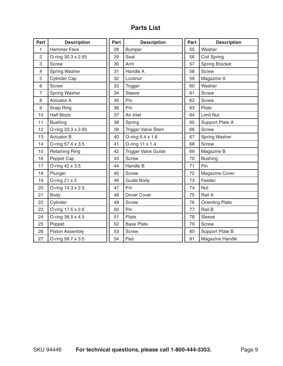 Parts list | Harbor Freight Tools Model 94446 User Manual | Page 9 / 11