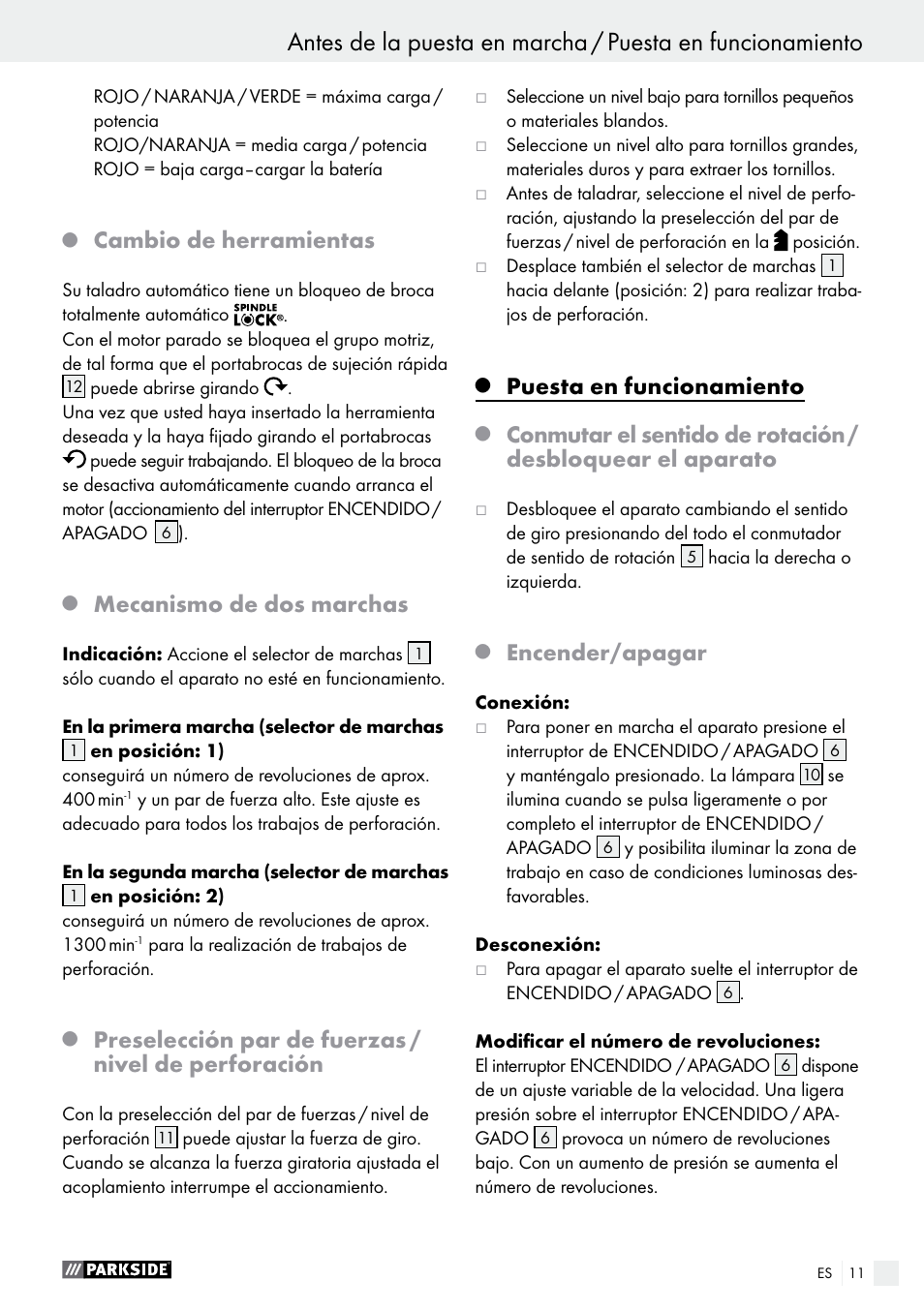 Cambio de herramientas, Mecanismo de dos marchas, Preselección par de fuerzas / nivel de perforación | Puesta en funcionamiento, Encender/apagar | Parkside PABS 10.8 A1 User Manual | Page 11 / 55