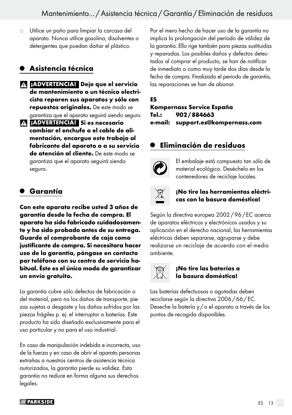 Asistencia técnica, Garantía, Eliminación de residuos | Parkside PABS 10.8 A1 User Manual | Page 13 / 55