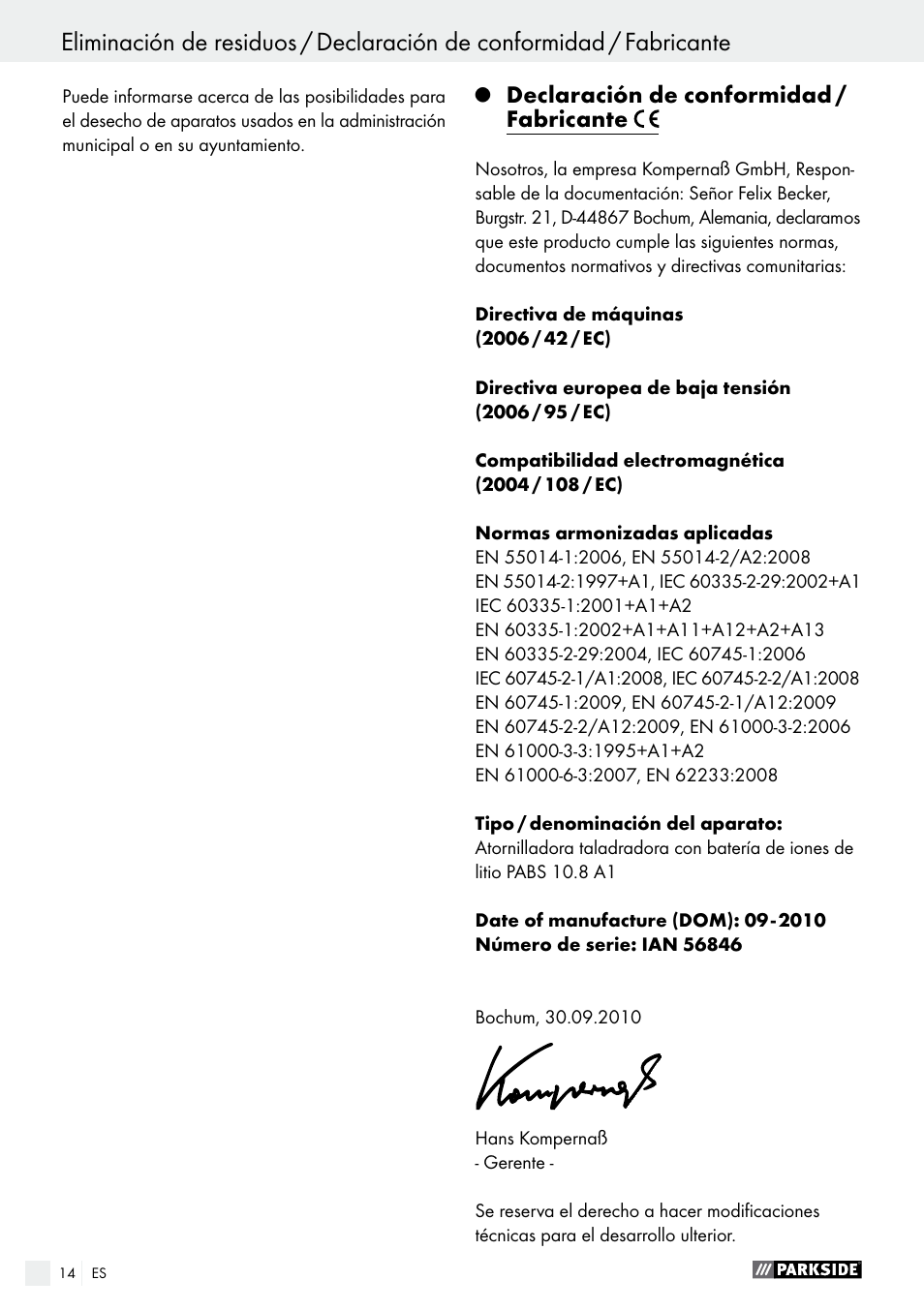 Declaración de conformidad / fabricante | Parkside PABS 10.8 A1 User Manual | Page 14 / 55