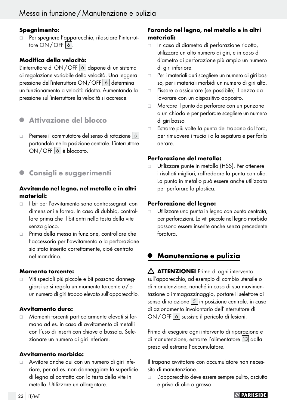 Messa in funzione / manutenzione e pulizia, Attivazione del blocco, Consigli e suggerimenti | Manutenzione e pulizia | Parkside PABS 10.8 A1 User Manual | Page 22 / 55