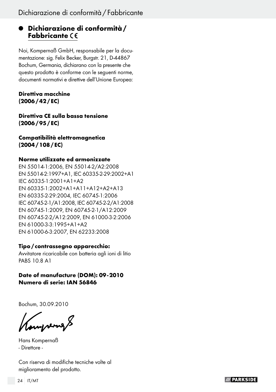Dichiarazione di conformità / fabbricante | Parkside PABS 10.8 A1 User Manual | Page 24 / 55