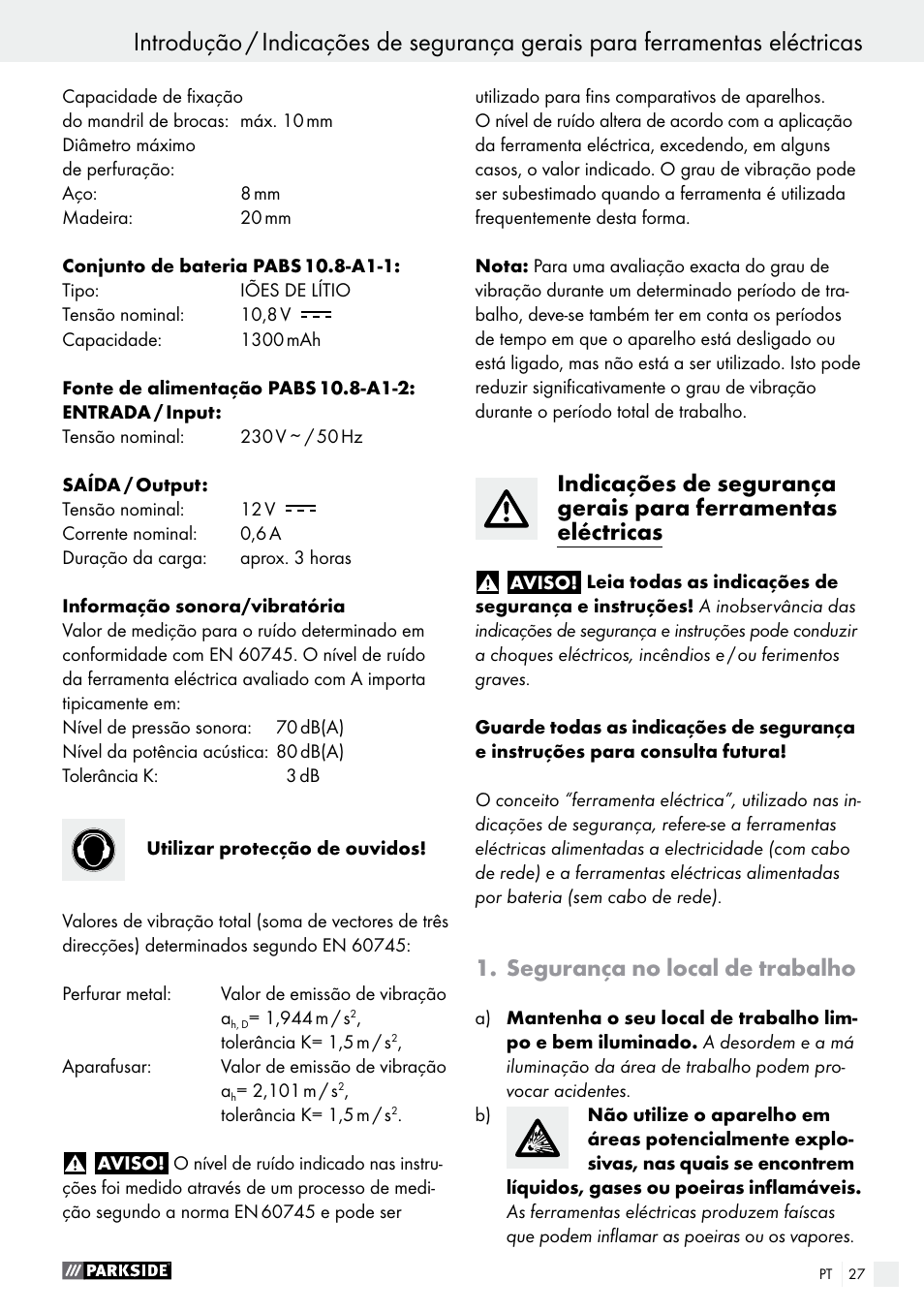 Segurança no local de trabalho | Parkside PABS 10.8 A1 User Manual | Page 27 / 55