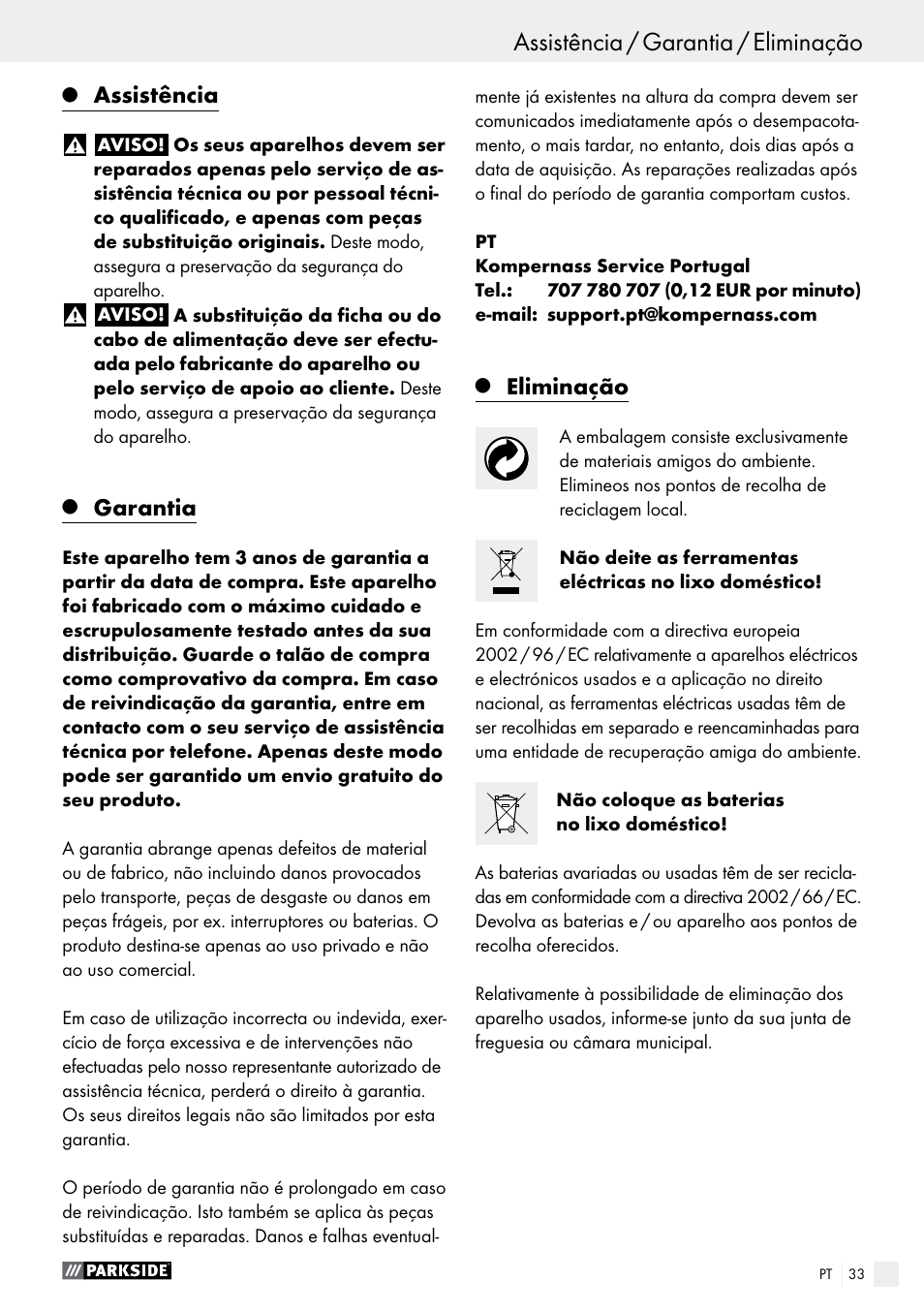 Assistência / garantia / eliminação, Assistência, Garantia | Eliminação | Parkside PABS 10.8 A1 User Manual | Page 33 / 55