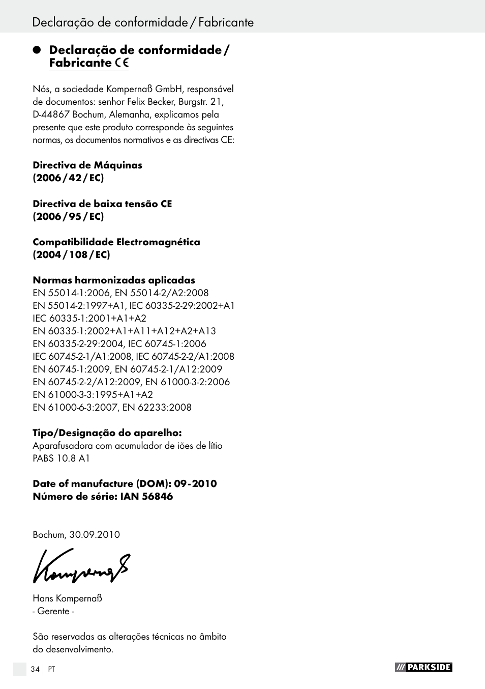 Declaração de conformidade / fabricante | Parkside PABS 10.8 A1 User Manual | Page 34 / 55