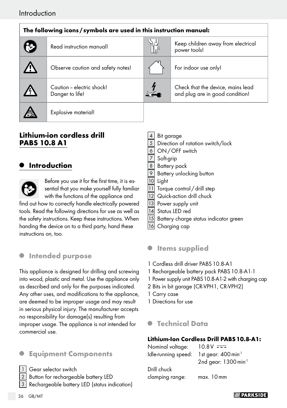 Introduction, Lithium-ion cordless drill pabs 10.8 a1, Intended purpose | Equipment components, Items supplied, Technical data | Parkside PABS 10.8 A1 User Manual | Page 36 / 55