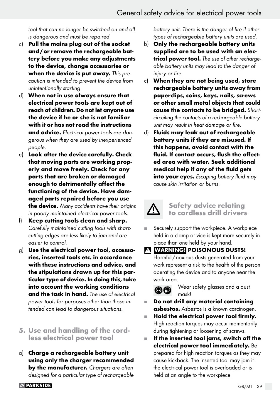 General safety advice for electrical power tools, Safety advice relating to cordless drill drivers | Parkside PABS 10.8 A1 User Manual | Page 39 / 55
