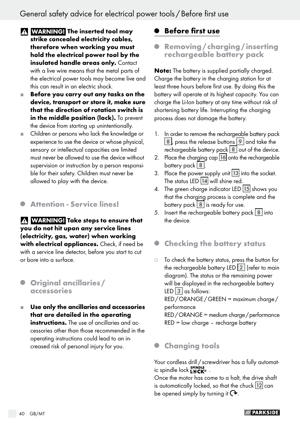 Attention - service lines, Original ancillaries / accessories, Before first use | Checking the battery status, Changing tools | Parkside PABS 10.8 A1 User Manual | Page 40 / 55