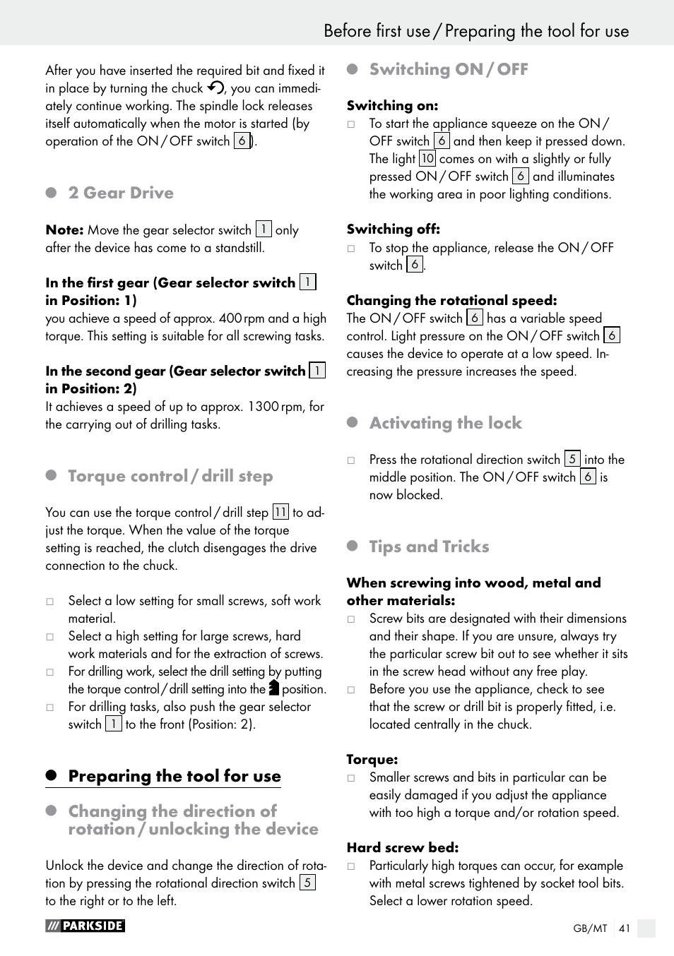 Before first use / preparing the tool for use, 2 gear drive, Torque control / drill step | Preparing the tool for use, Switching on / off, Activating the lock, Tips and tricks | Parkside PABS 10.8 A1 User Manual | Page 41 / 55