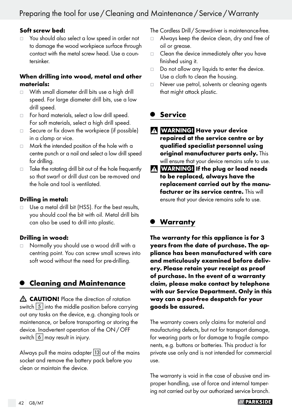 Cleaning and maintenance, Service, Warranty | Parkside PABS 10.8 A1 User Manual | Page 42 / 55