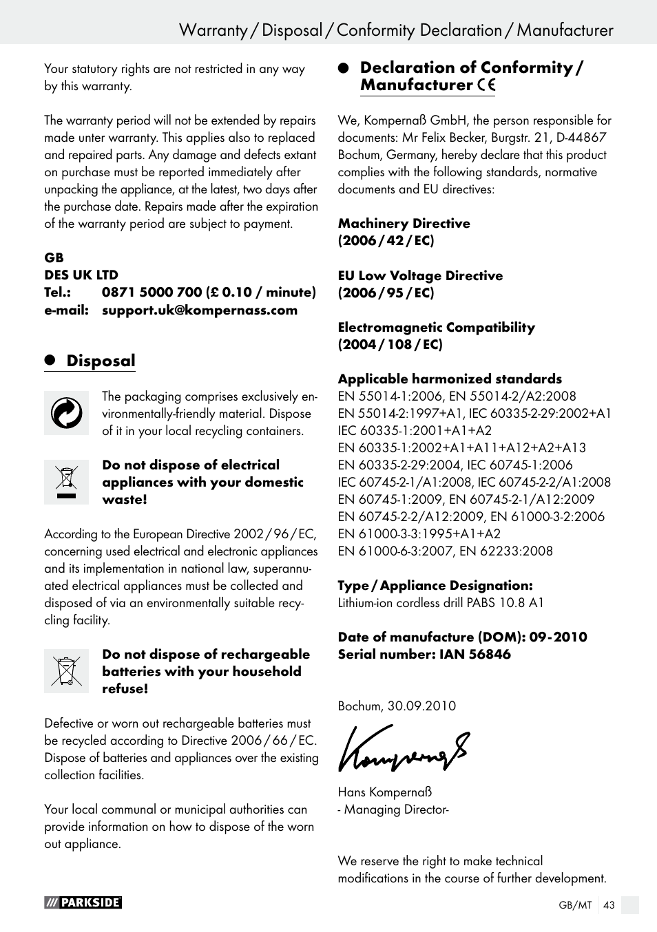 Disposal, Declaration of conformity / manufacturer | Parkside PABS 10.8 A1 User Manual | Page 43 / 55