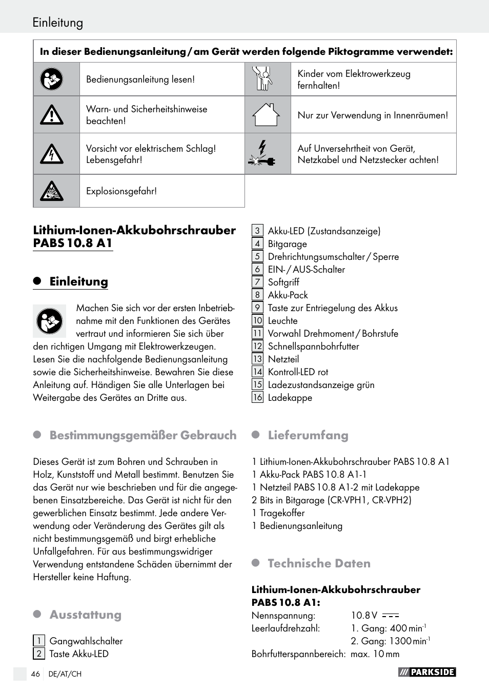 Einleitung, Lithium-ionen-akkubohrschrauber pabs 10.8 a1, Bestimmungsgemäßer gebrauch | Ausstattung, Lieferumfang, Technische daten | Parkside PABS 10.8 A1 User Manual | Page 46 / 55
