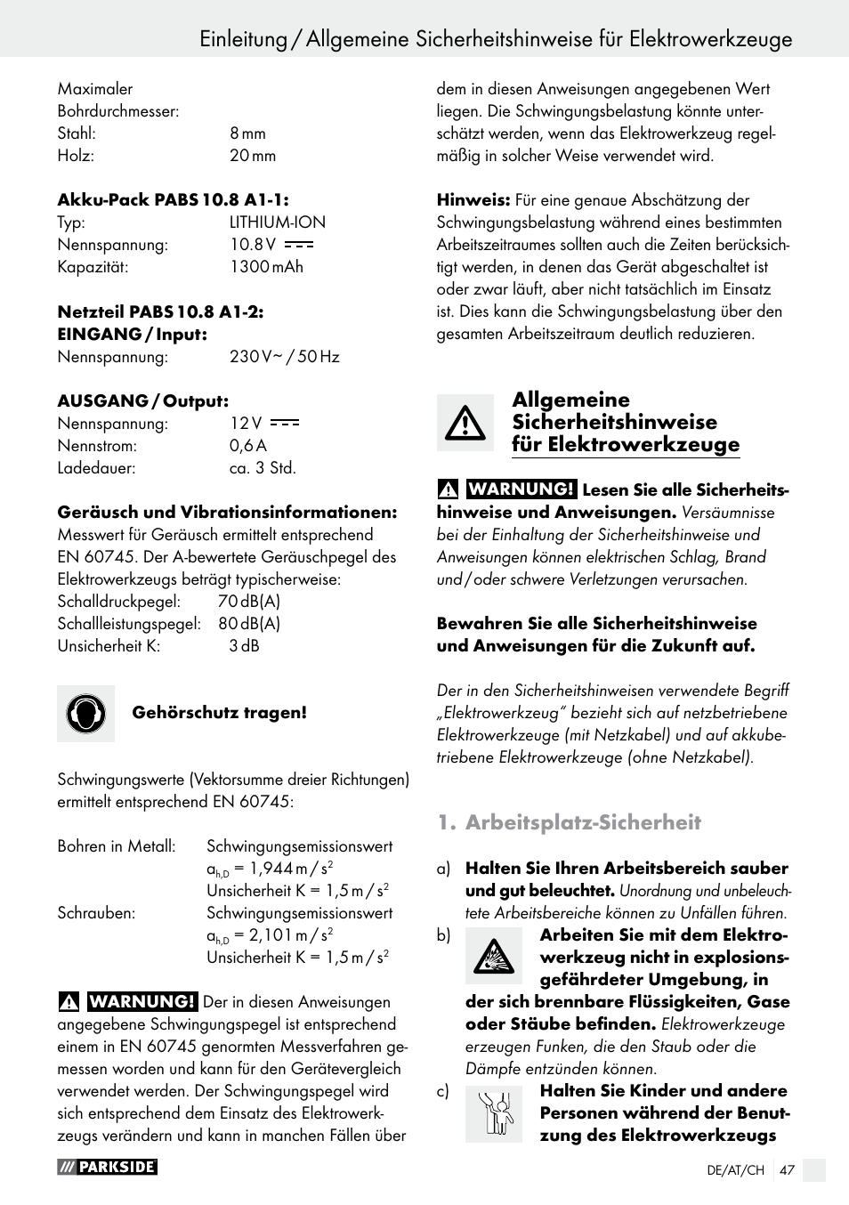 Arbeitsplatz-sicherheit | Parkside PABS 10.8 A1 User Manual | Page 47 / 55