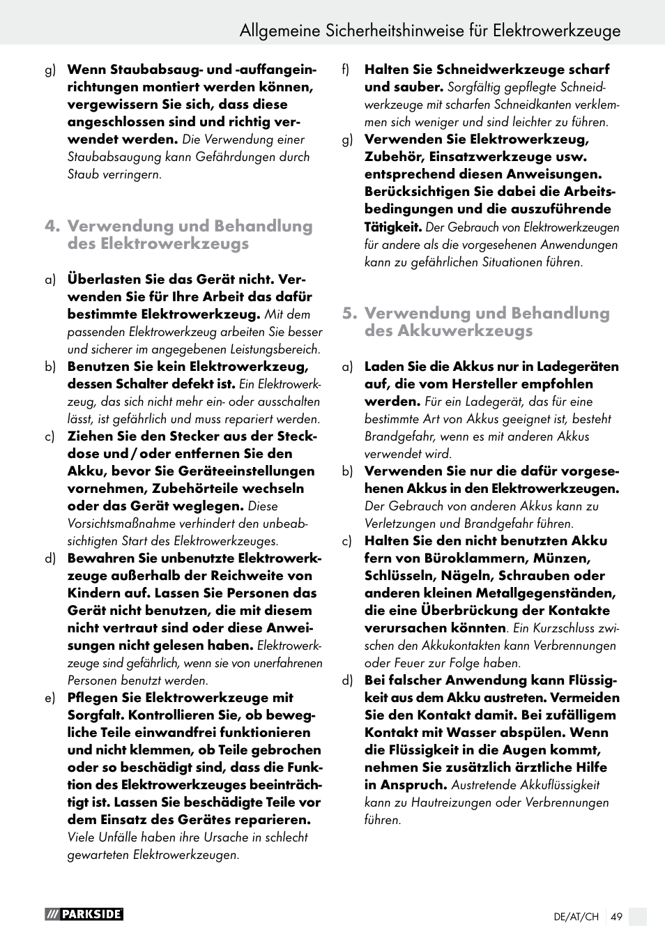 Verwendung und behandlung des elektrowerkzeugs, Verwendung und behandlung des akkuwerkzeugs | Parkside PABS 10.8 A1 User Manual | Page 49 / 55