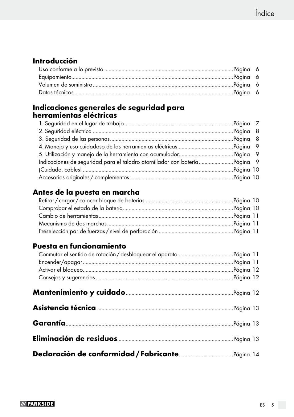 Índice | Parkside PABS 10.8 A1 User Manual | Page 5 / 55