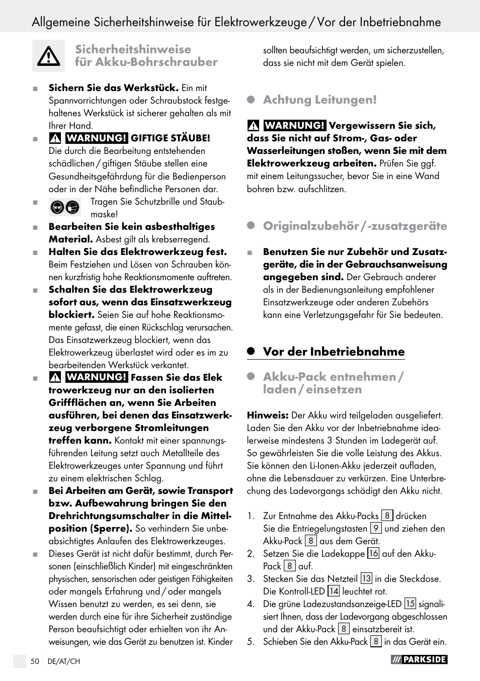 Sicherheitshinweise für akku-bohrschrauber, Achtung leitungen, Originalzubehör / -zusatzgeräte | Vor der, Inbetriebnahme, Akku-pack entnehmen / laden / einsetzen | Parkside PABS 10.8 A1 User Manual | Page 50 / 55