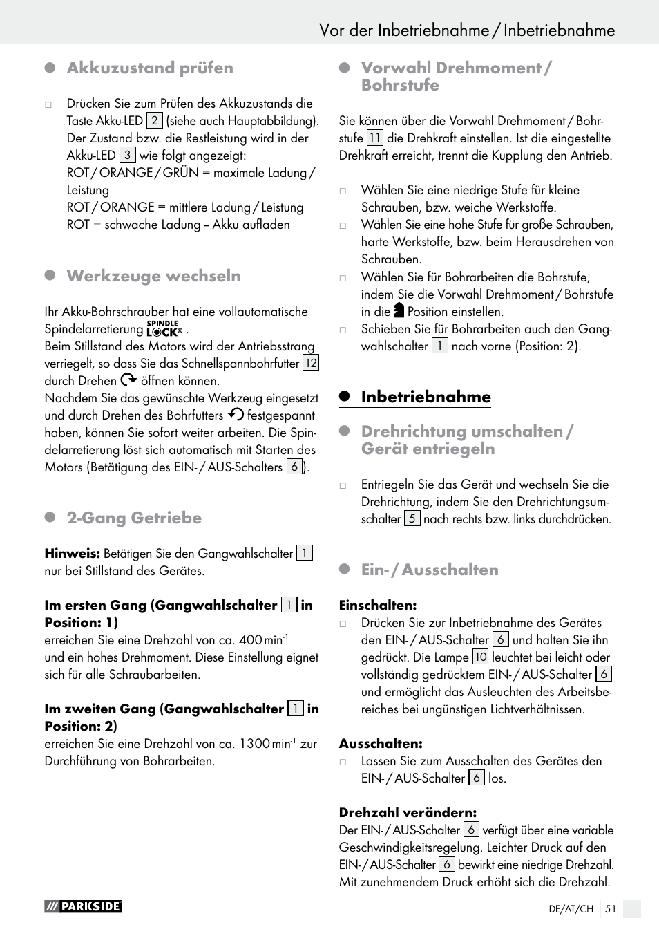 Vor der inbetriebnahme / inbetriebnahme, Akkuzustand prüfen, Werkzeuge wechseln | Gang getriebe, Vorwahl drehmoment / bohrstufe, Inbetriebnahme, Drehrichtung umschalten / gerät entriegeln, Ein- / ausschalten | Parkside PABS 10.8 A1 User Manual | Page 51 / 55