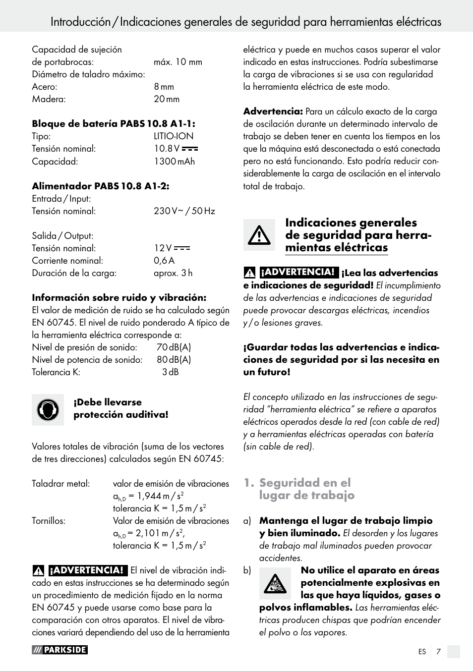 Seguridad en el lugar de trabajo | Parkside PABS 10.8 A1 User Manual | Page 7 / 55