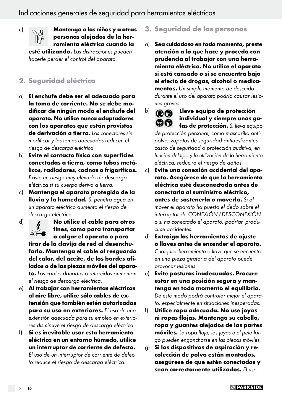 Seguridad eléctrica, Seguridad de las personas | Parkside PABS 10.8 A1 User Manual | Page 8 / 55