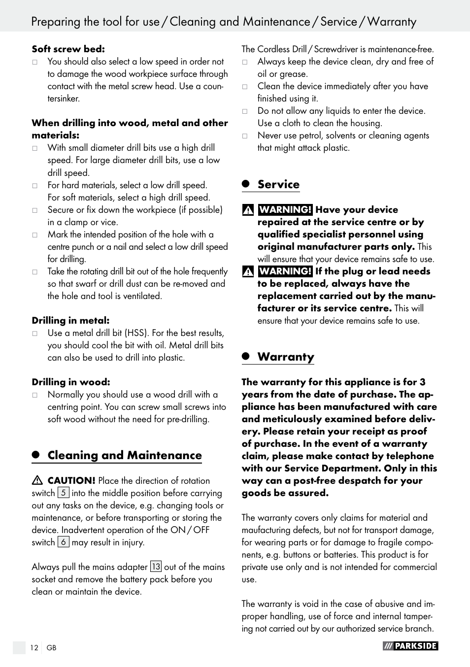 Cleaning and maintenance, Service, Warranty | Parkside PABS 10.8 A1 User Manual | Page 12 / 75