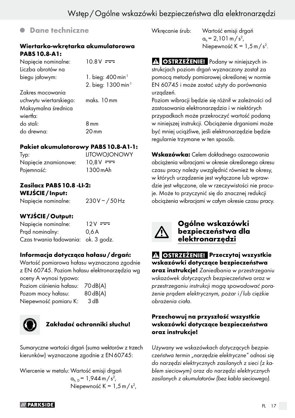 Dane techniczne | Parkside PABS 10.8 A1 User Manual | Page 17 / 75
