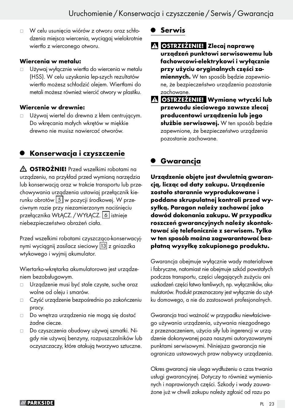 Konserwacja i czyszczenie, Serwis, Gwarancja | Parkside PABS 10.8 A1 User Manual | Page 23 / 75