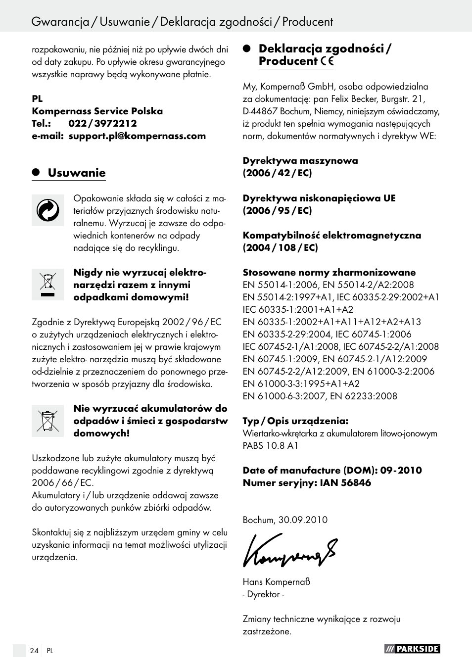 Usuwanie, Deklaracja zgodności / producent | Parkside PABS 10.8 A1 User Manual | Page 24 / 75
