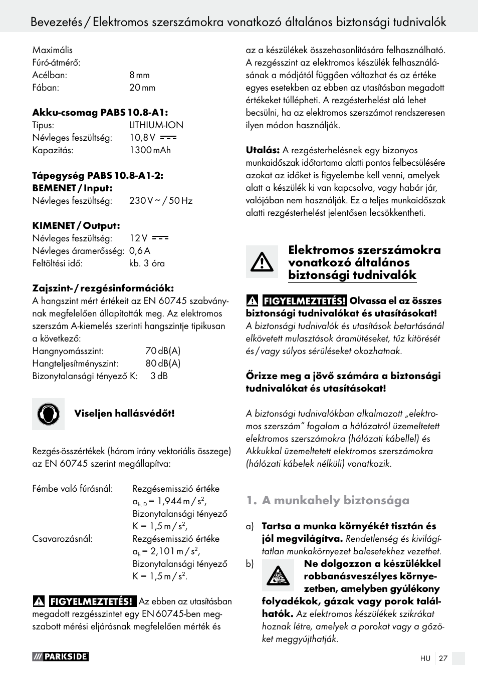 A munkahely biztonsága | Parkside PABS 10.8 A1 User Manual | Page 27 / 75