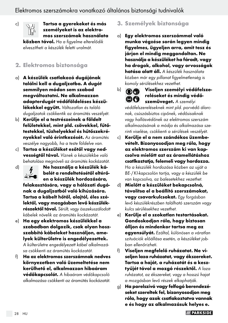 Elektromos biztonsága, Személyek biztonsága | Parkside PABS 10.8 A1 User Manual | Page 28 / 75