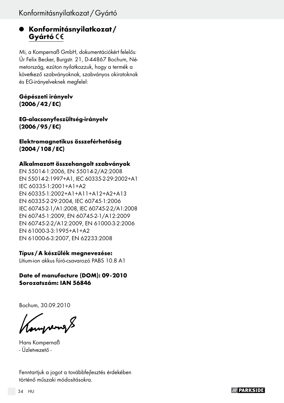 Konformitásnyilatkozat / gyártó | Parkside PABS 10.8 A1 User Manual | Page 34 / 75