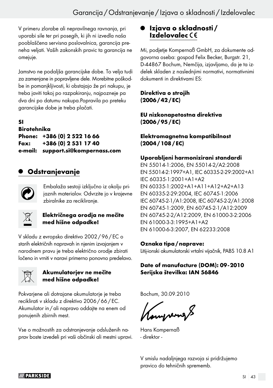 Odstranjevanje, Izjava o skladnosti / izdelovalec | Parkside PABS 10.8 A1 User Manual | Page 43 / 75