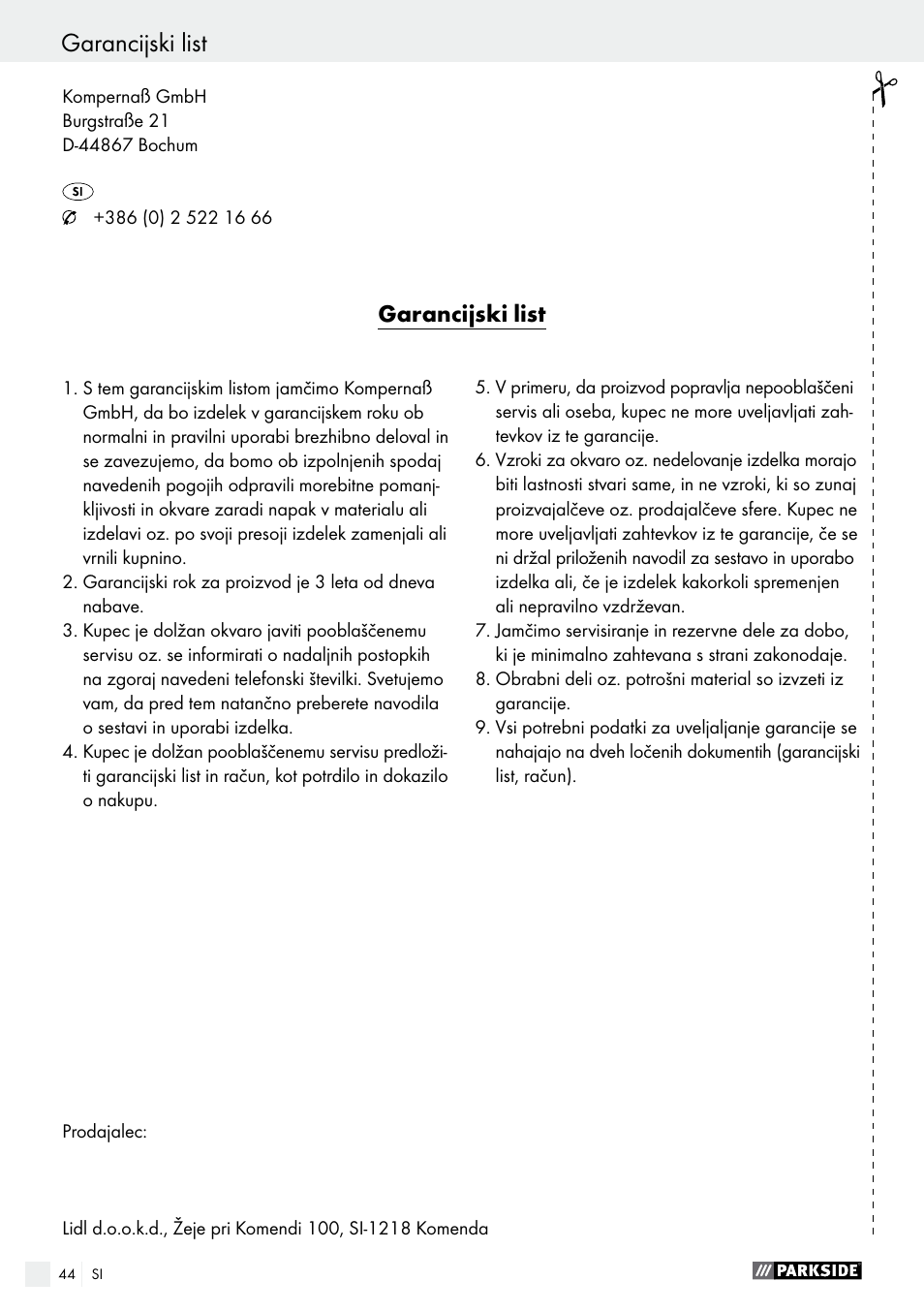 Garancijski list | Parkside PABS 10.8 A1 User Manual | Page 44 / 75