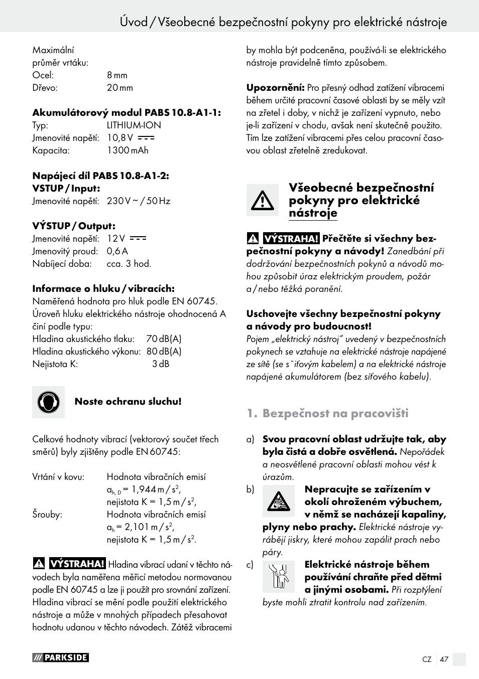 Bezpečnost na pracovišti | Parkside PABS 10.8 A1 User Manual | Page 47 / 75