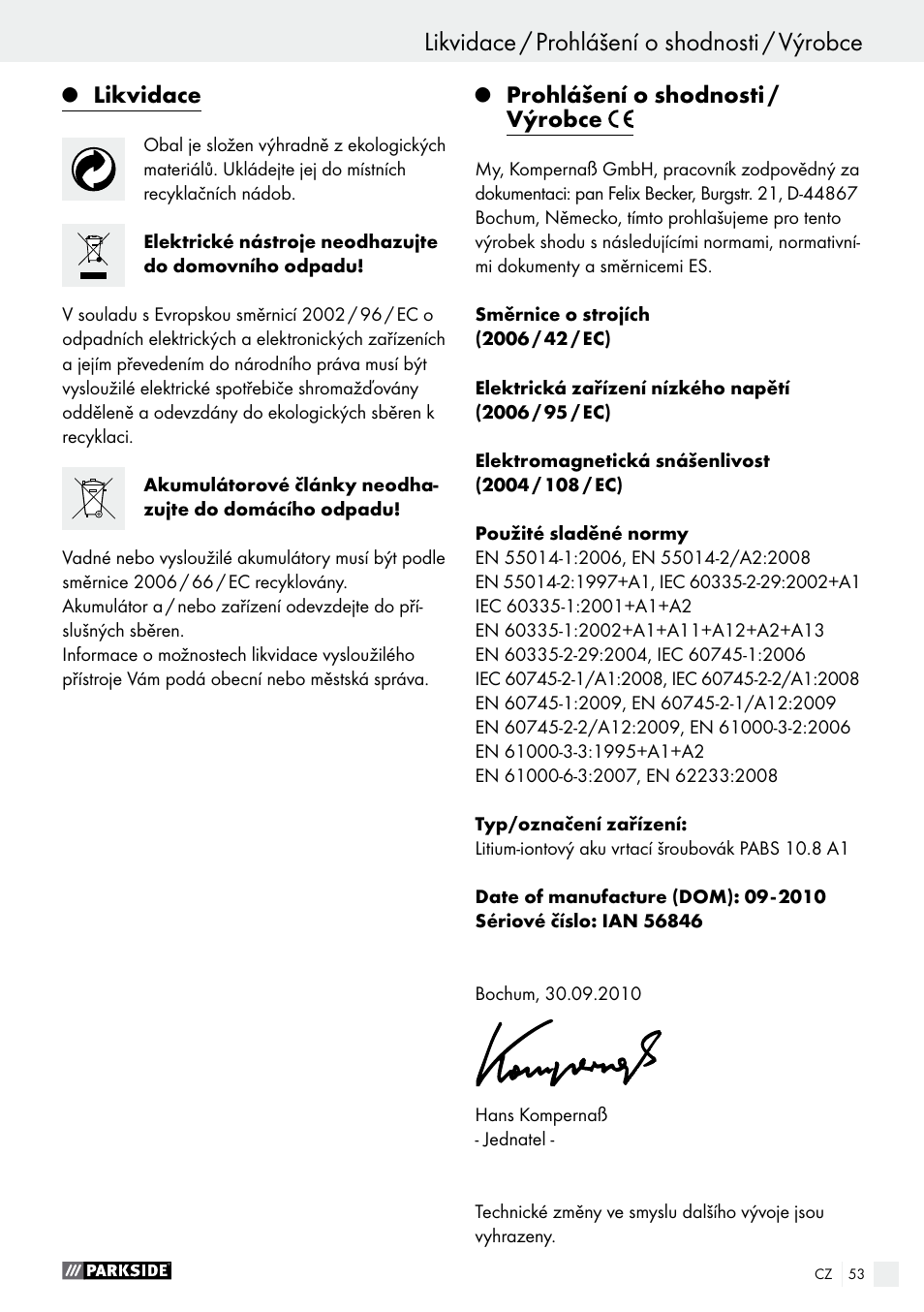 Likvidace / prohlášení o shodnosti / výrobce, Likvidace, Prohlášení o shodnosti / výrobce | Parkside PABS 10.8 A1 User Manual | Page 53 / 75