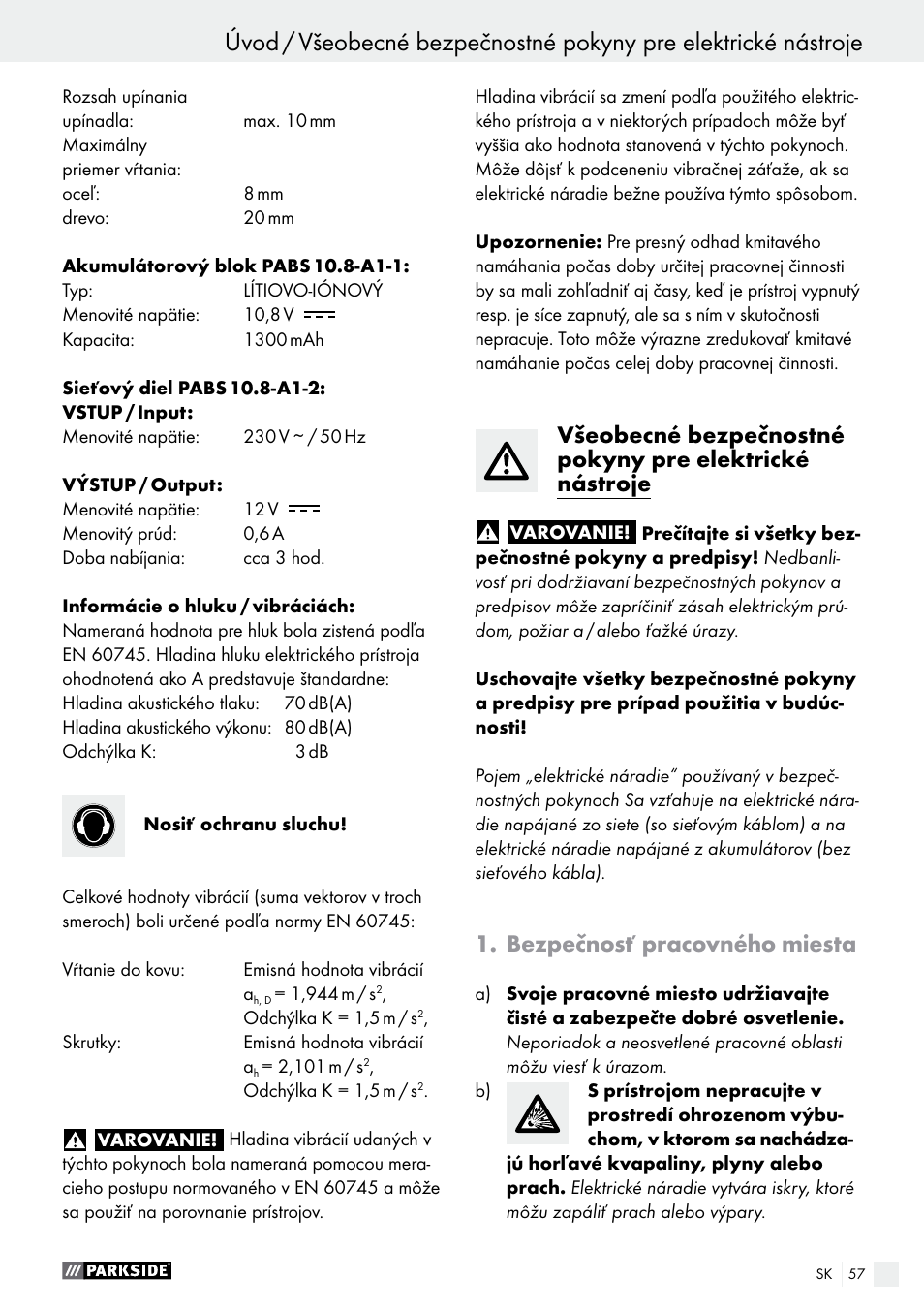 Bezpečnosť pracovného miesta | Parkside PABS 10.8 A1 User Manual | Page 57 / 75