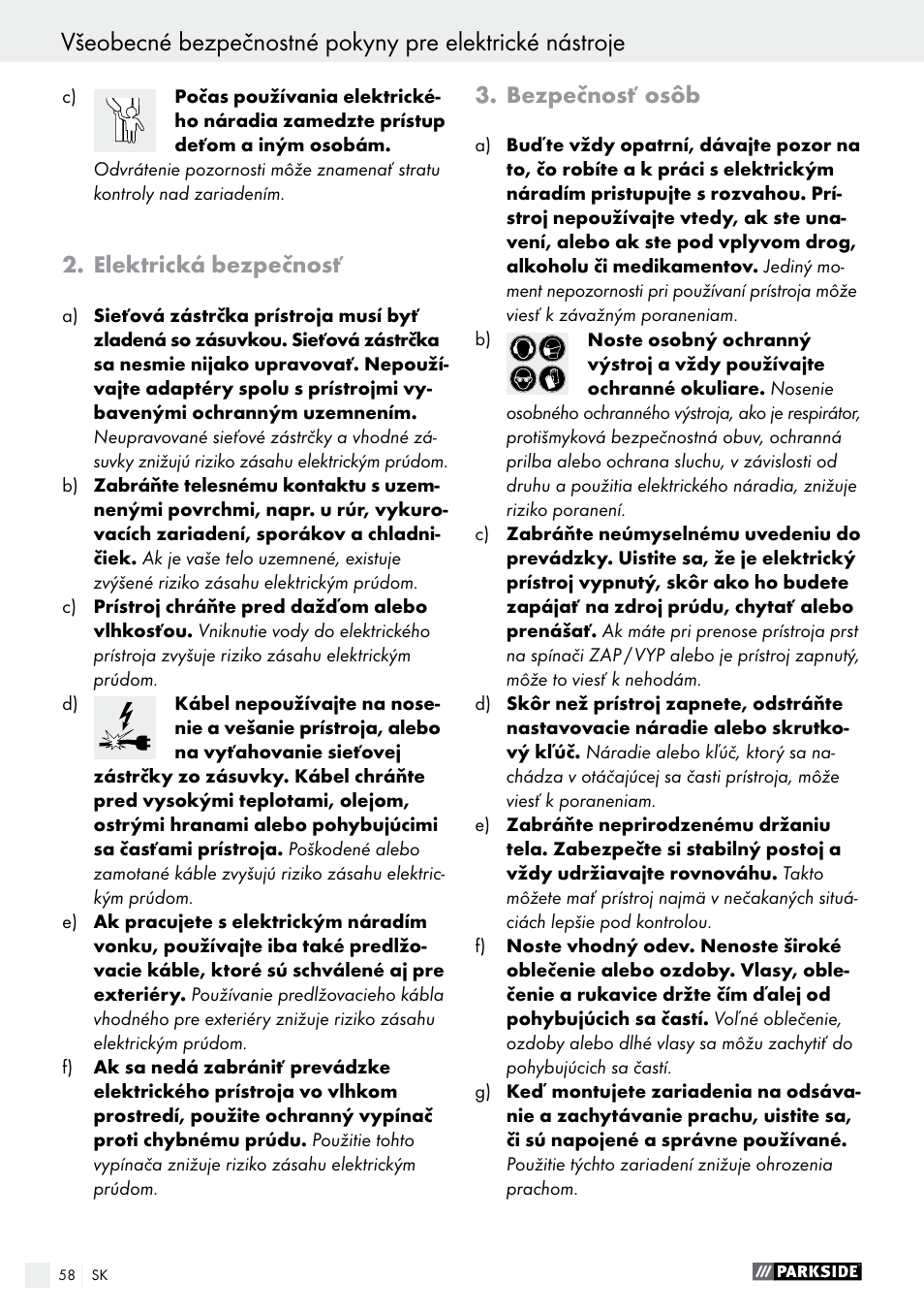 Elektrická bezpečnosť, Bezpečnosť osôb | Parkside PABS 10.8 A1 User Manual | Page 58 / 75