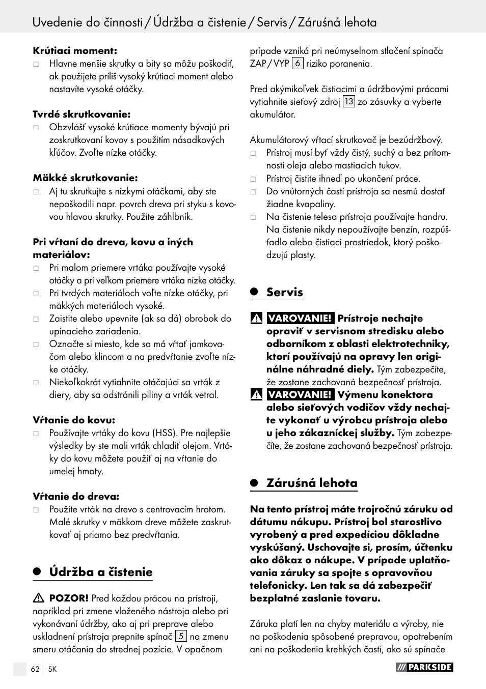 Údržba a čistenie, Servis, Záruśná lehota | Parkside PABS 10.8 A1 User Manual | Page 62 / 75