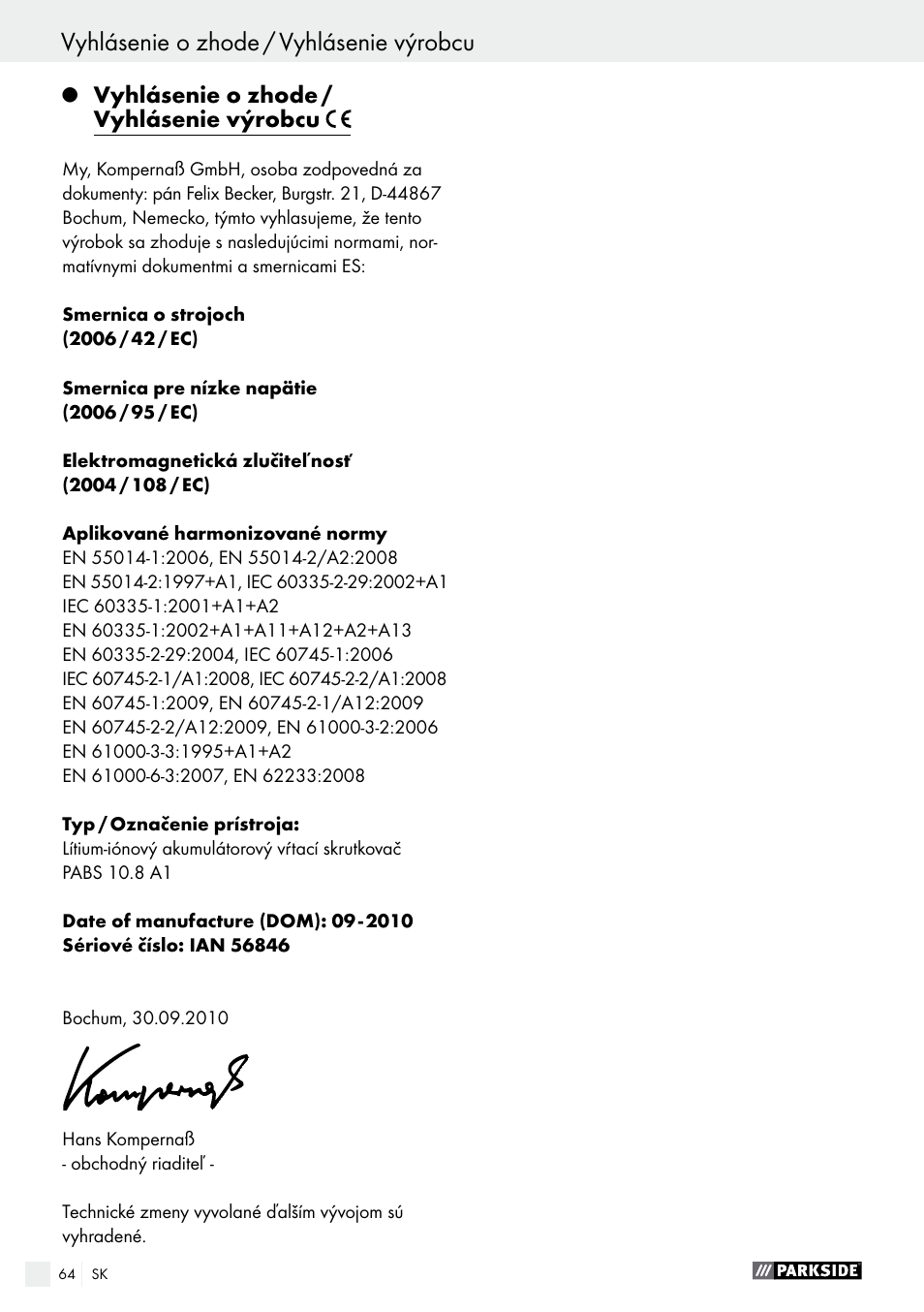 Vyhlásenie o zhode / vyhlásenie výrobcu | Parkside PABS 10.8 A1 User Manual | Page 64 / 75